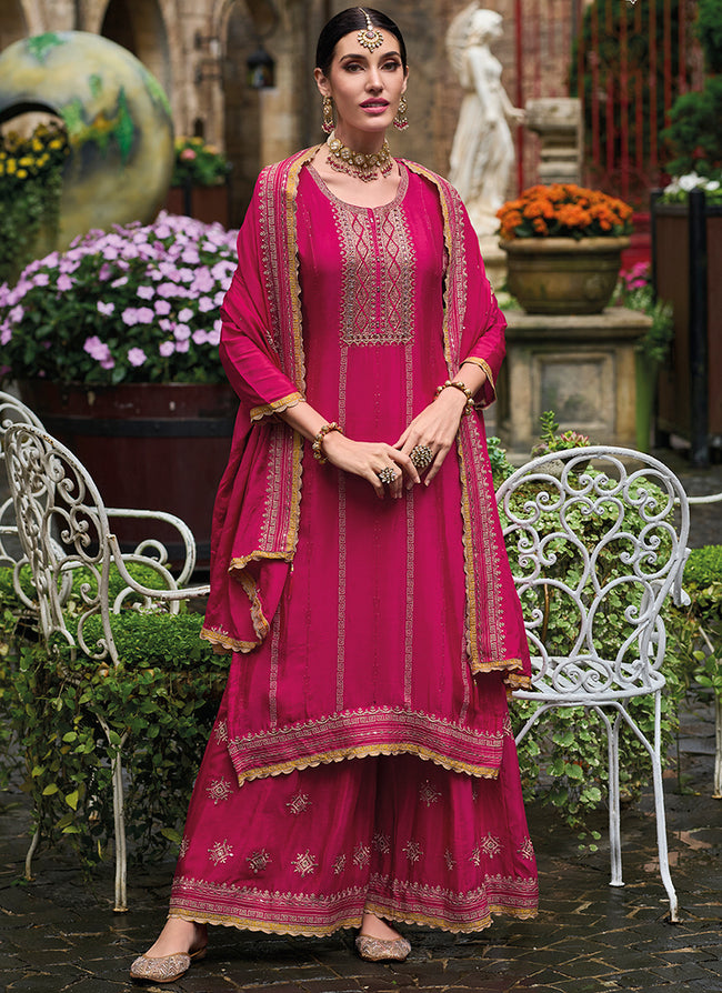 Magenta Traditional Embroidery Wedding Palazzo Suit