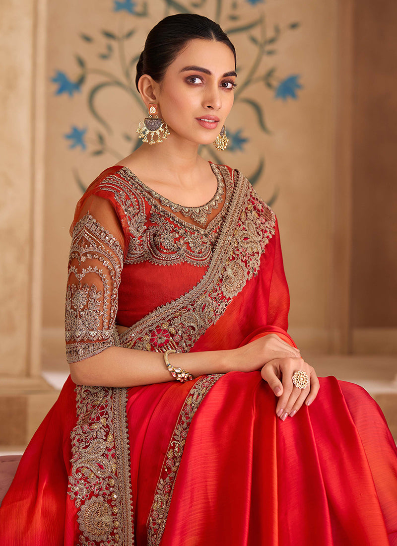 Fire Red Multi Embroidery Wedding Saree
