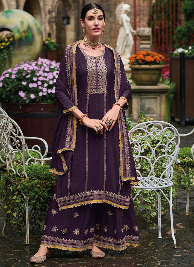 Purple Traditional Embroidery Wedding Palazzo Suit