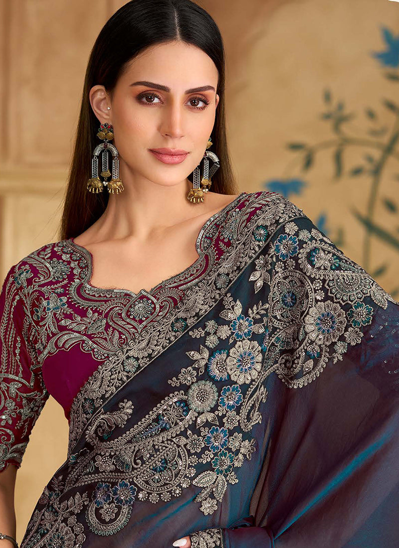 Mist Blue and Magenta Multi Embroidery Wedding Saree