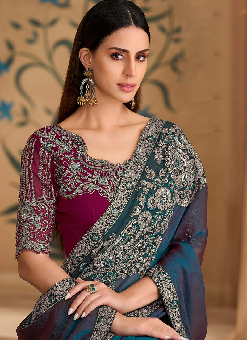Mist Blue and Magenta Multi Embroidery Wedding Saree