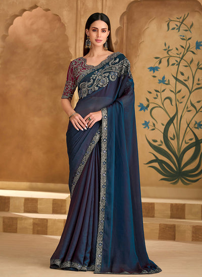 Mist Blue and Magenta Multi Embroidery Wedding Saree