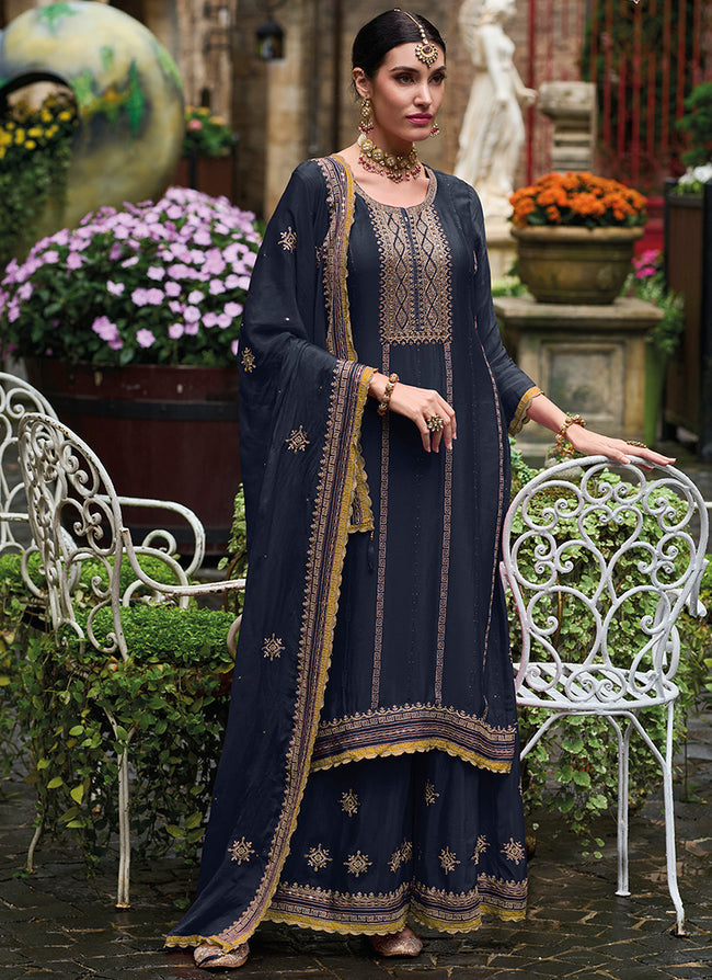 Blue Traditional Embroidery Wedding Palazzo Suit