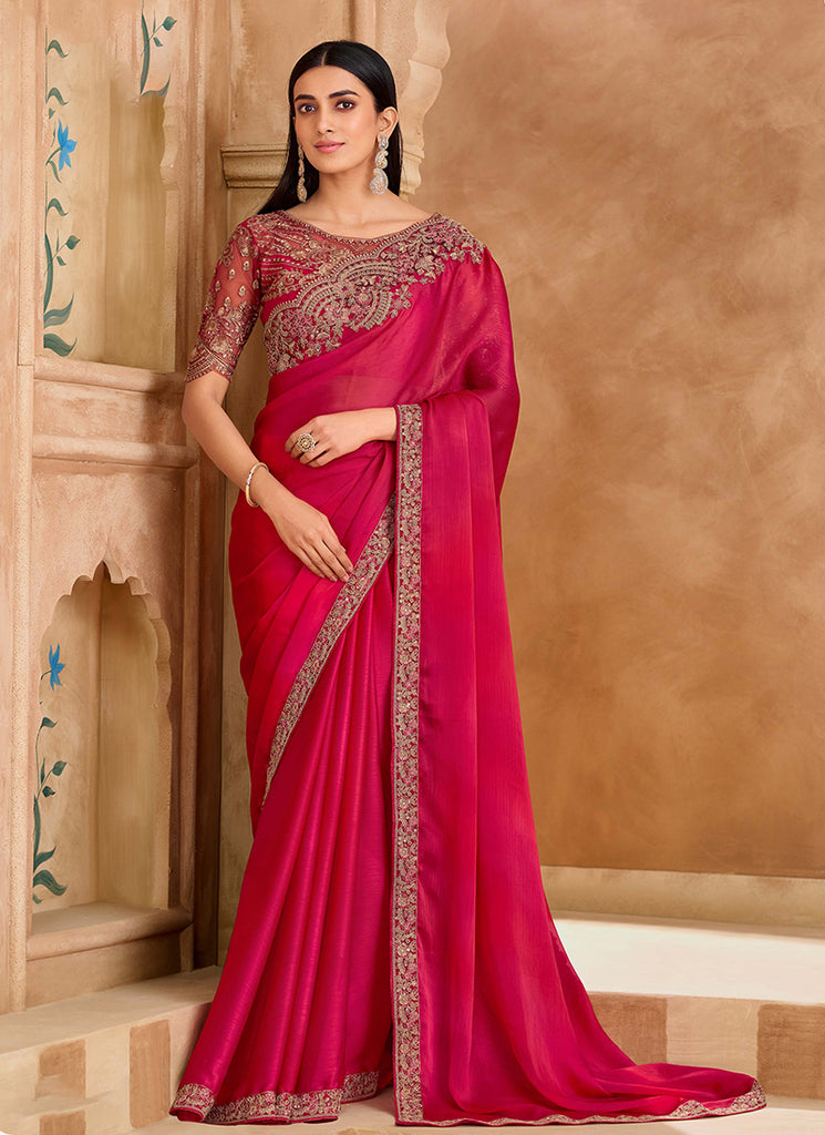 Cherry Red Multi Embroidery Wedding Saree