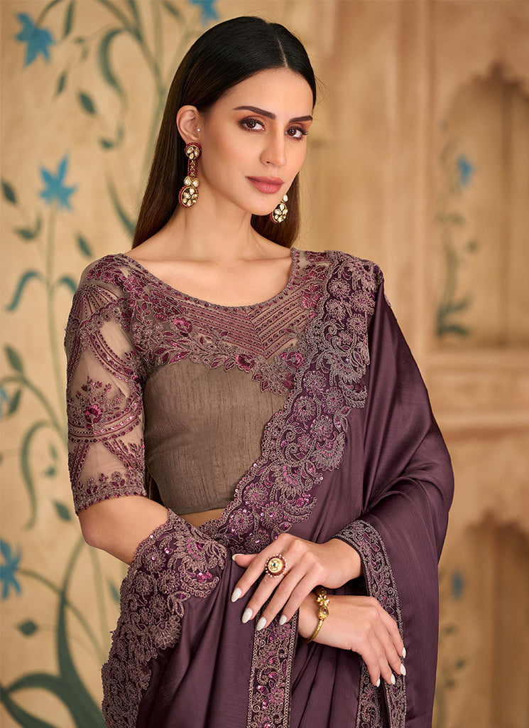 Wine Purple and Brown Multi Embroidery Wedding Saree