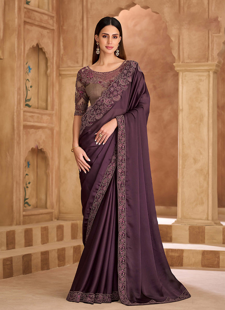 Wine Purple and Brown Multi Embroidery Wedding Saree