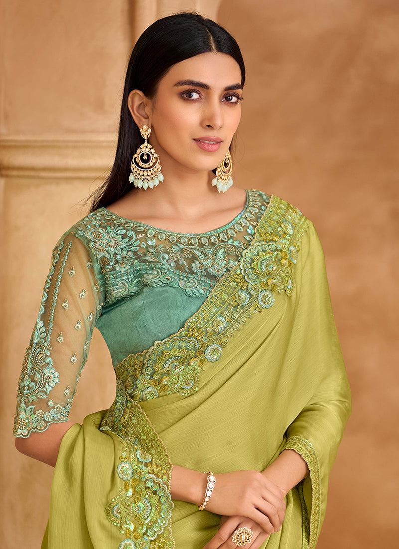 Green and Teal Multi Embroidery Wedding Saree