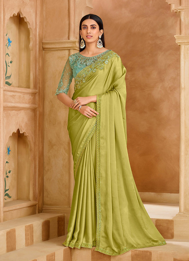 Green and Teal Multi Embroidery Wedding Saree