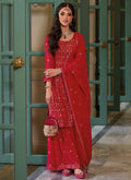 Red Mirror Work Embroidered Festive Sharara Style Suit
