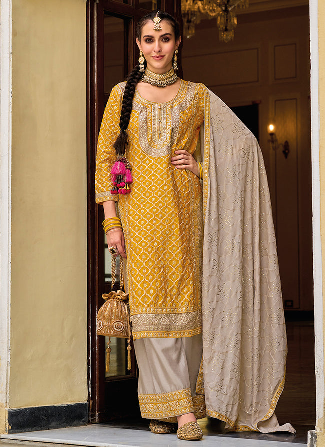 Yellow And Beige Multi Embroidery Traditional Palazzo Suit