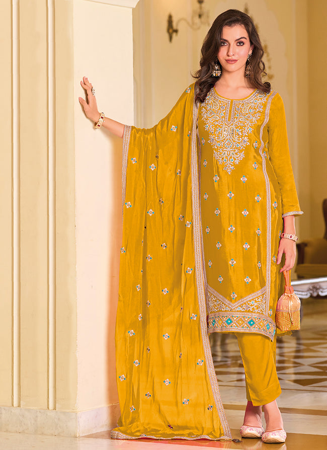 Yellow Crystal Stone Embroidery Pant Style Suit