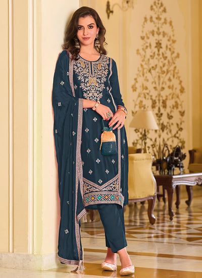 Turquoise Crystal Stone Embroidery Pant Style Suit