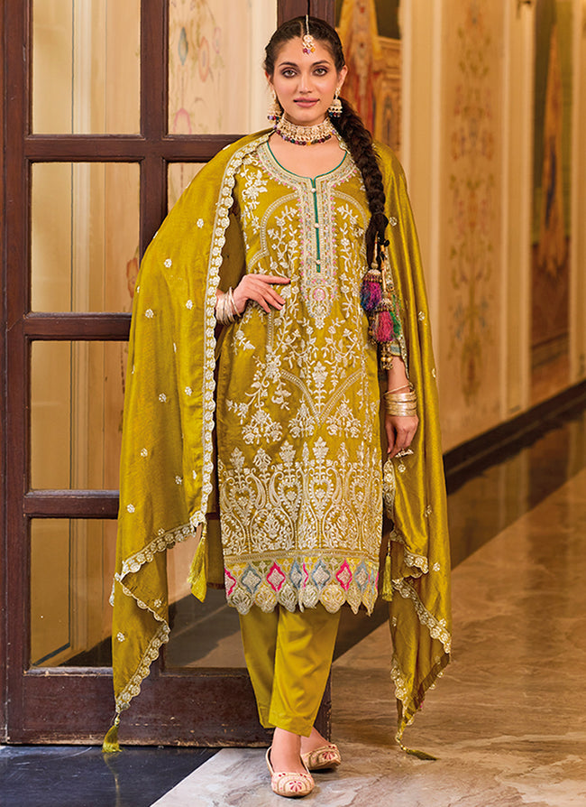 Buy Indian Clothing - Mustard Yellow Multi Embroidered Traditional Salwar  Suit