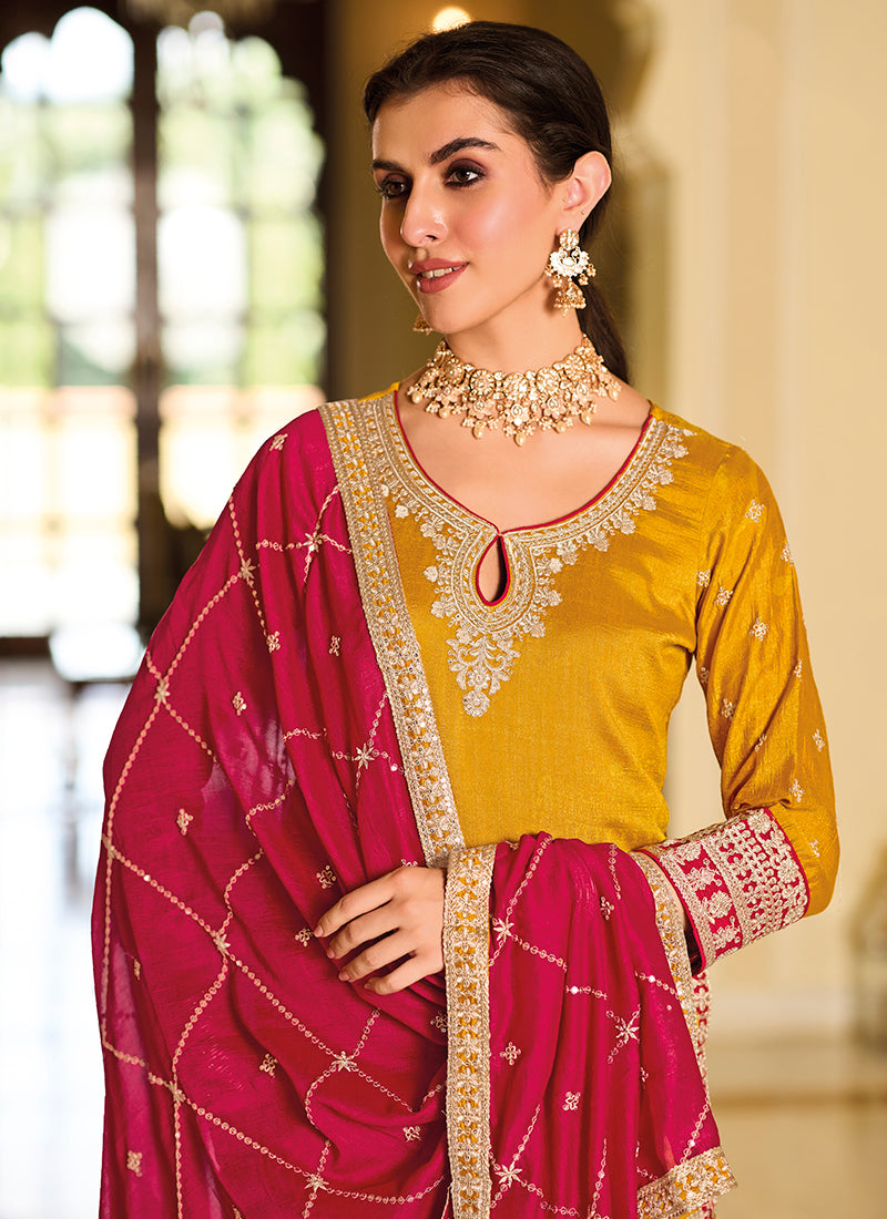 Palazzo Suits : Yellow and pink tapeta silk embroidered plazzo ...