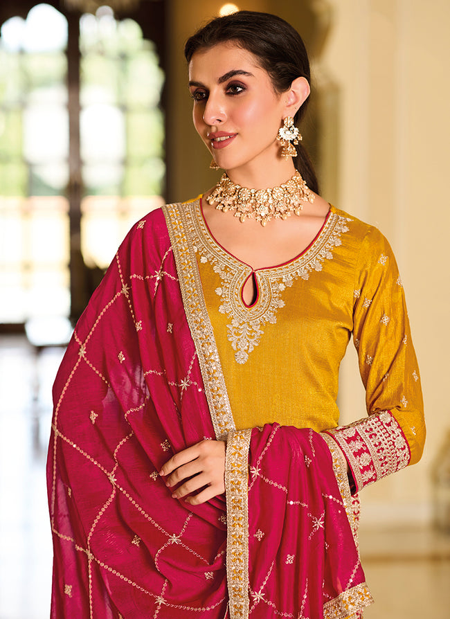 Embroidered Chanderi Straight Salwar Suit in Mustard -