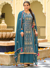 Turquoise Blue Multi Embroidery Traditional Palazzo Suit
