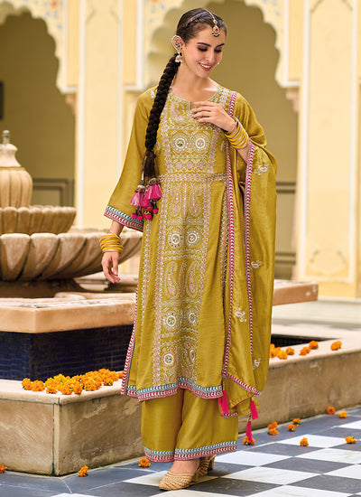 Yellow Mirror Work Embroidery Traditional Palazzo Suit