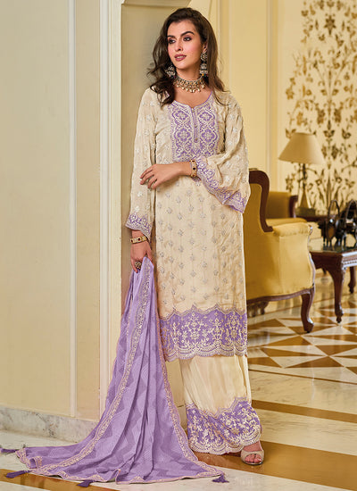 White And Purple Embroidered Traditional Salwar Kameez