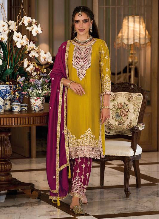 Yellow And Wine Designer Embroidery Salwar Kameez