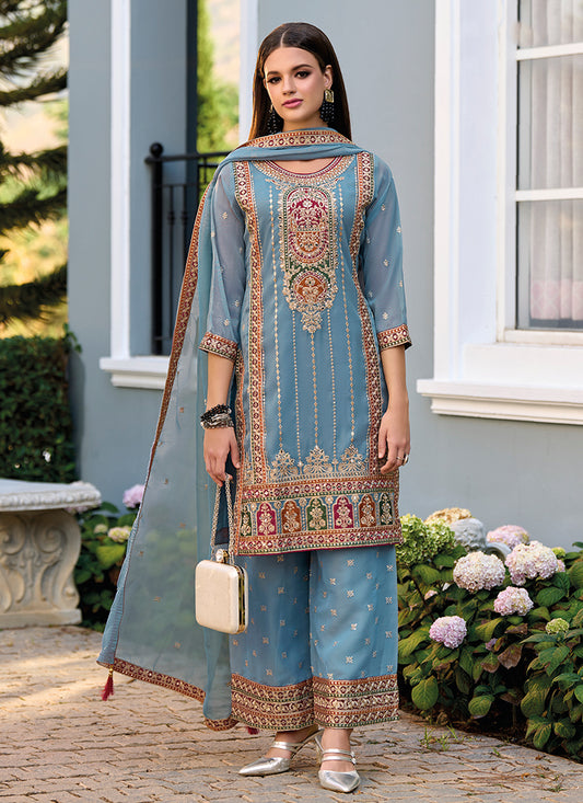 Baby Blue Multi Embroidery Traditional Pant Style Suit