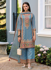 Baby Blue Multi Embroidery Traditional Pant Style Suit