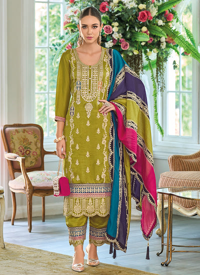 Lime Green Multicolored Traditional Embroidery Pant Style Suit