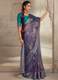 Purple And Blue Traditional Embroidery Organza Silk Saree