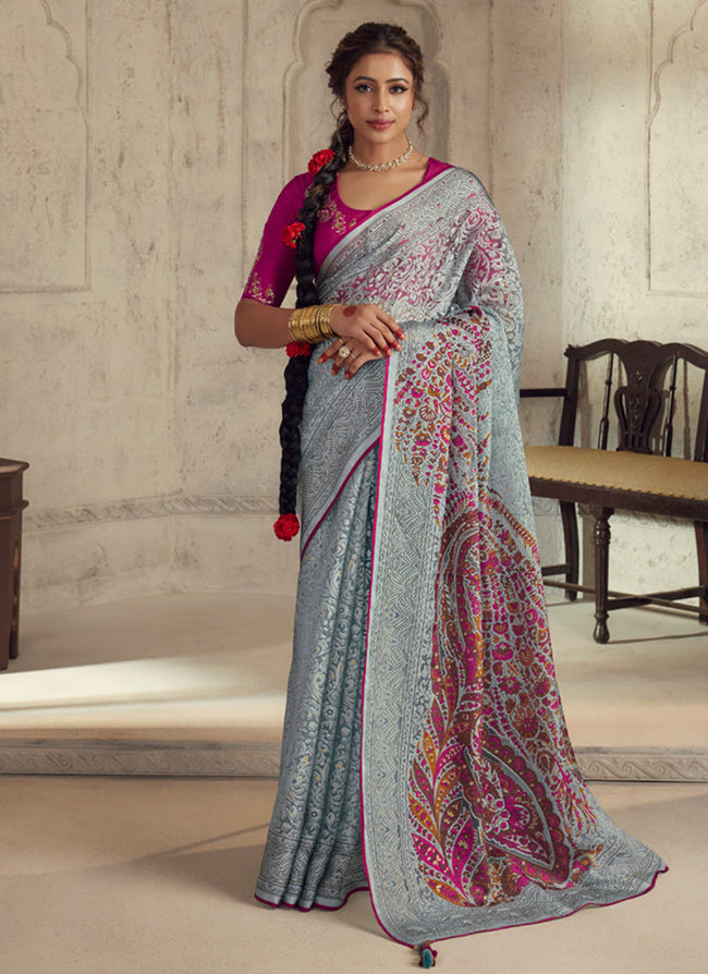 Blue And Pink Traditional Embroidery Organza Silk Saree