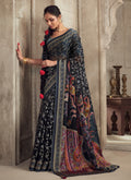 Black And Grey Traditional Embroidery Organza Silk Saree