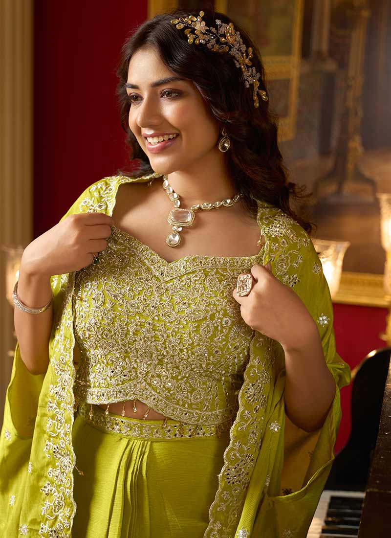Lime Green Embroidered Draped Skirt Set