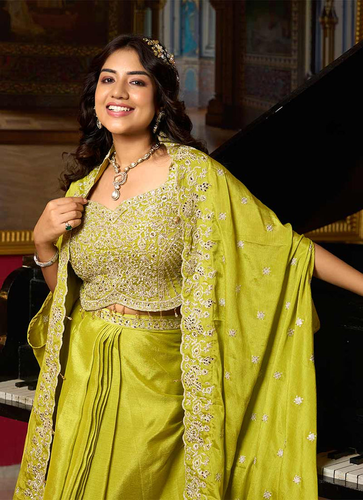 Lime Green Embroidered Draped Skirt Set