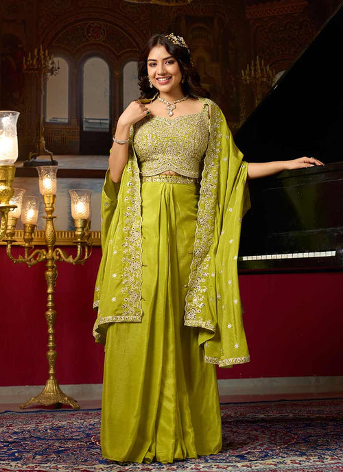 Lime Green Embroidered Draped Skirt Set