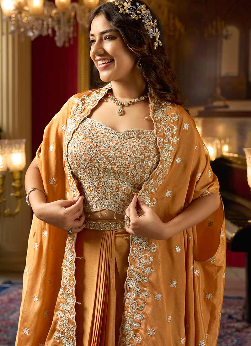 Rust Orange Embroidered Draped Skirt Set