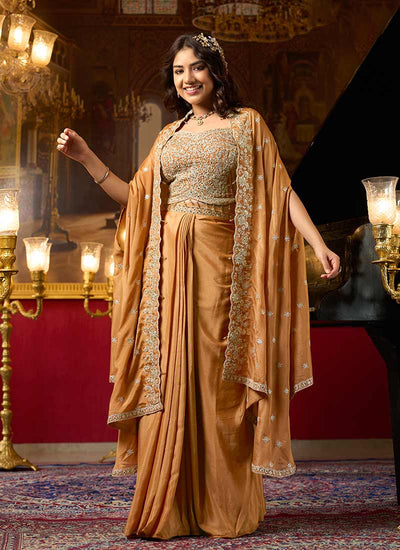 Rust Orange Embroidered Draped Skirt Set