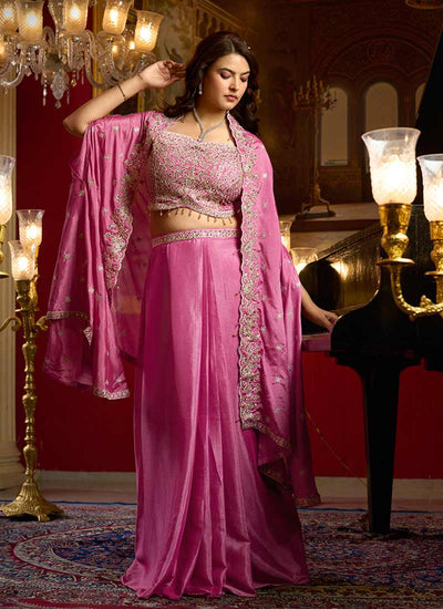 Magenta Embroidered Draped Skirt Set