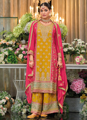 Yellow And Pink Multi Embroidery Palazzo Style Suit