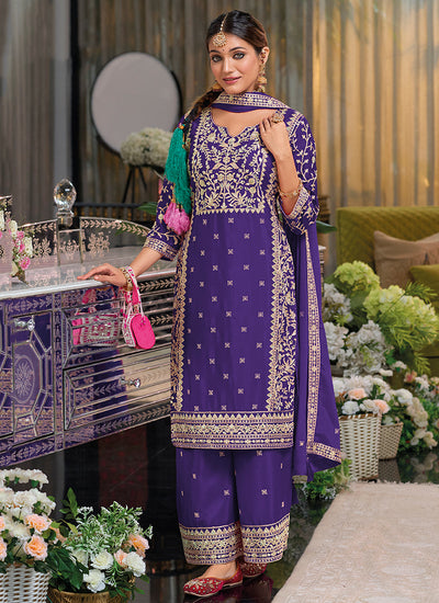 Indigo Purple Traditional Embroidery Chinnon Palazzo Suit