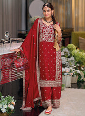 Bridal Red Traditional Embroidery Chinnon Palazzo Suit