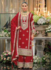 Bridal Red Traditional Embroidery Chinnon Palazzo Suit