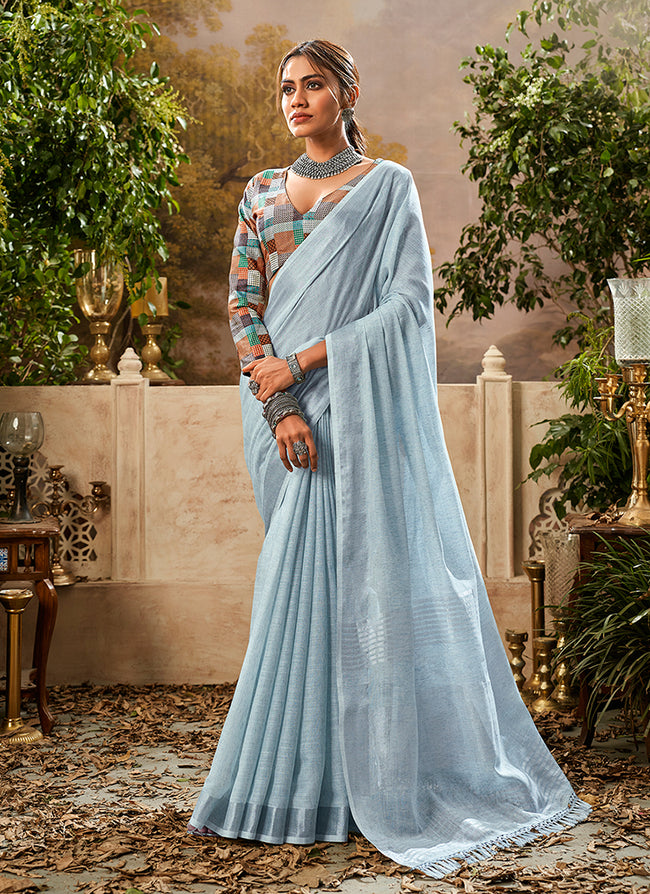 Blue Handloom Khadi Saree With Digital Printed Blouse