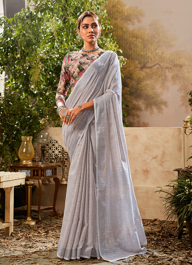 Buy Designer Saree Grey Handloom Khadi Saree With Digital Printed Blouse