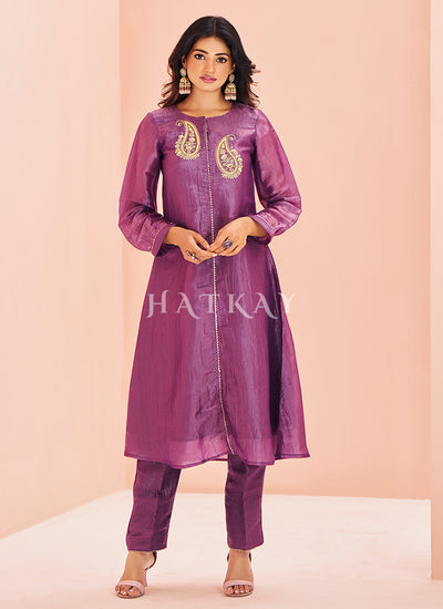 Purple Handwork Kurta And Pant Suit
