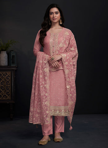 Pink Embroidery Straight Cut Pant Style Salwar Suit