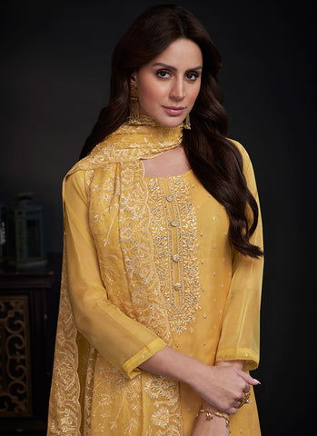 Yellow Embroidery Straight Cut Pant Style Salwar Suit