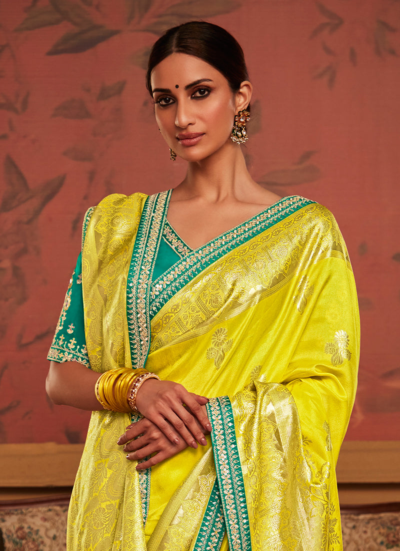 Yellow And Teal Weaved Pure Dola Silk Saree