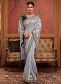 Greyish Blue Weaved Pure Dola Silk Saree