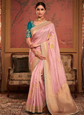 Pink And Turqoise Weaved Pure Dola Silk Saree