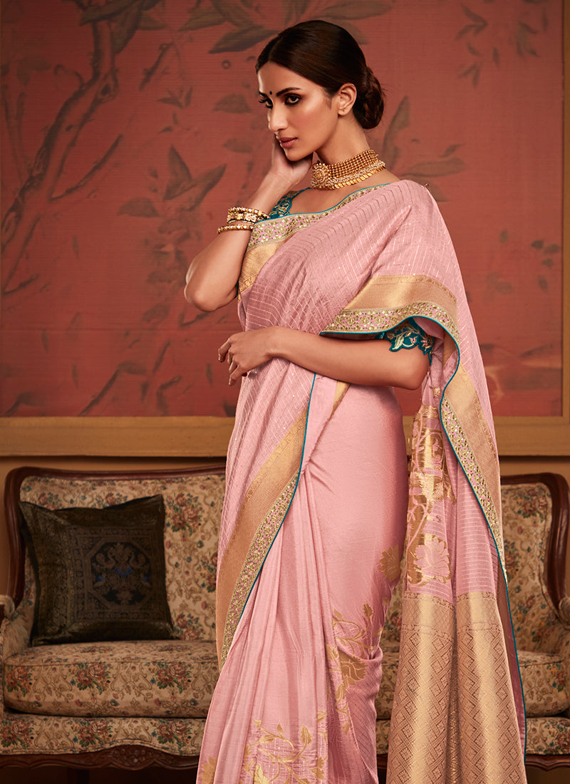 Pink And Turqoise Weaved Pure Dola Silk Saree
