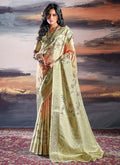 Lime Green Brocade Weaved Satin Silk Saree