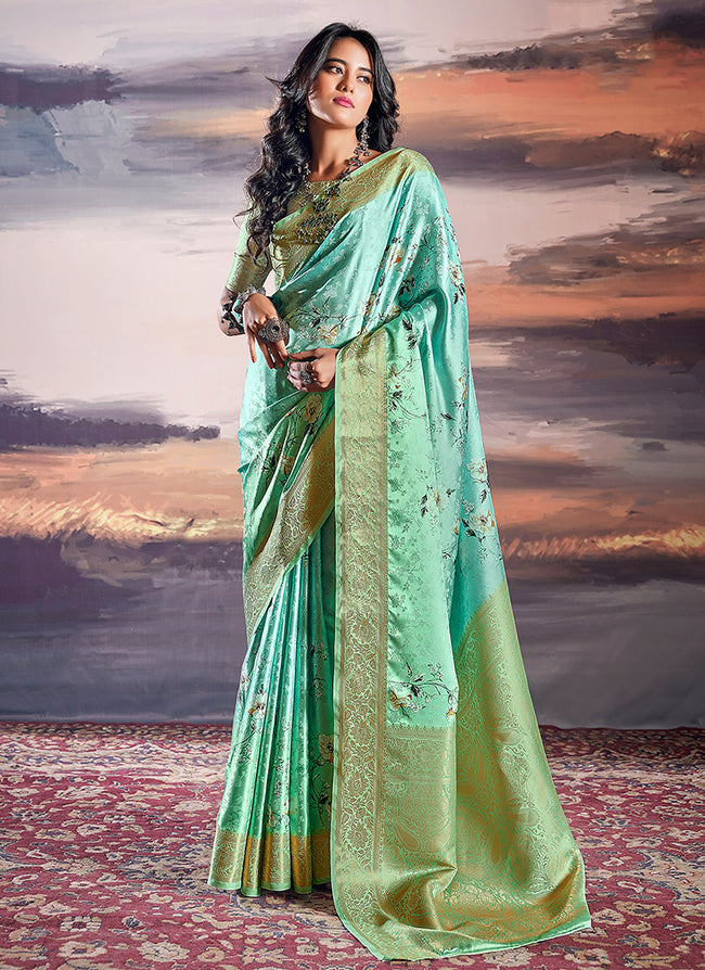 Sea Green Brocade Weaved Satin Silk Saree